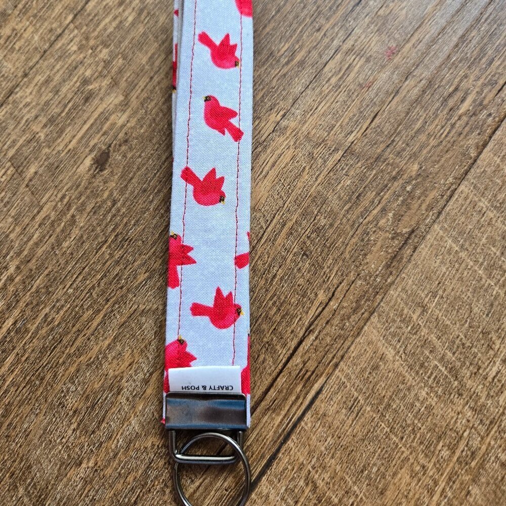 Crafty & Posh Grey and Red Cardinal Print Handmade Key Wristlet - Picture 2 of 3